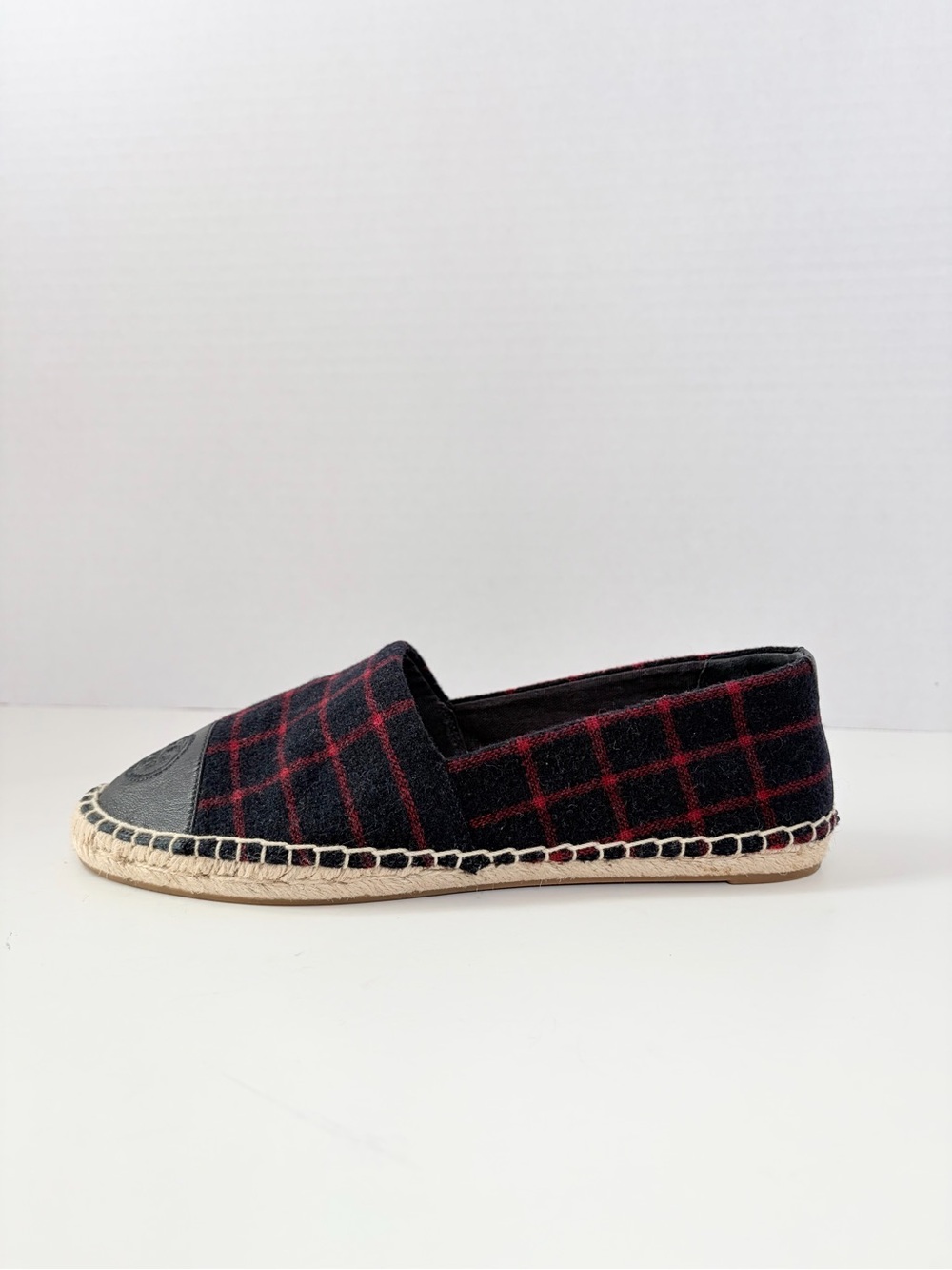 Tory Burch Plaid Espadrilles Colorblock Checked Wool Leather Navy Red Size 9